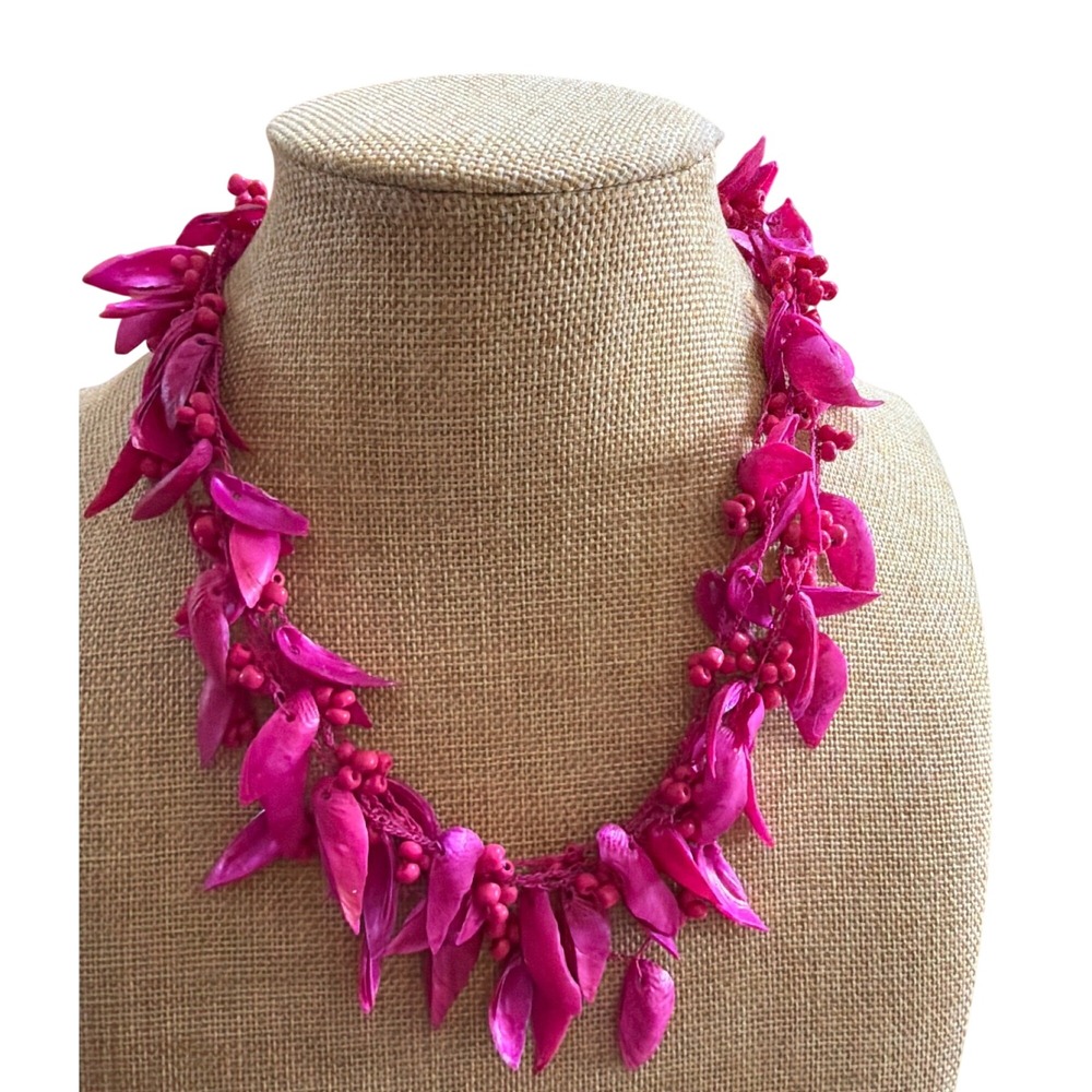 Fuchsia Pink Shell Petal Lei Statement Necklace Tropical Boho Beachy